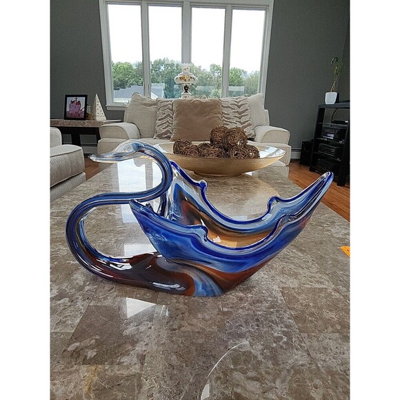 Large Glass Swan, Blue, Brown, White Base - Picture 1 of 6